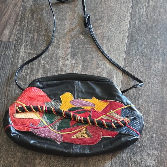 Vintage Handbags - Vintage Patchwork Black Leather Crossbody with Multicolor Accents